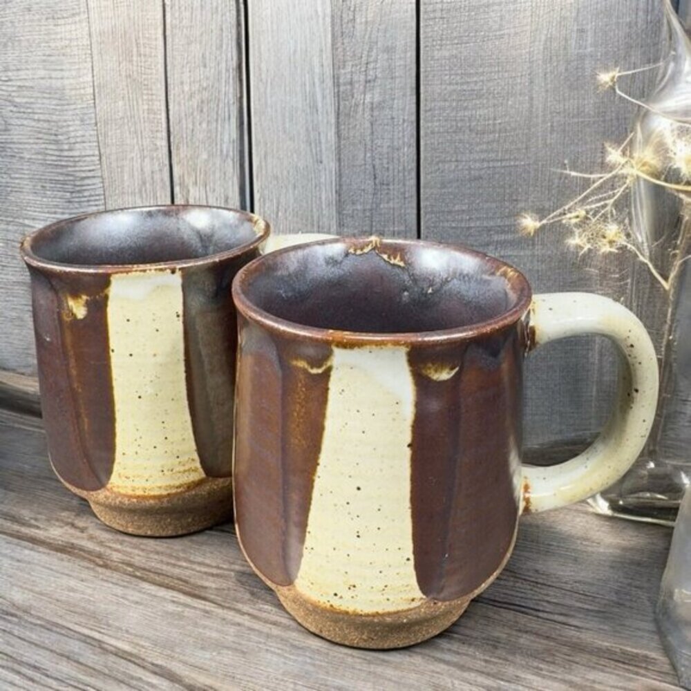 Vintage Hand Made Pottery Coffee Mug Cup Brown Drip Glaze Hand Crafted Set2 Mugs